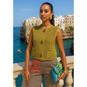 ZARA Knit Top NWT – Pistachio Green Gold Button Vest, Size S